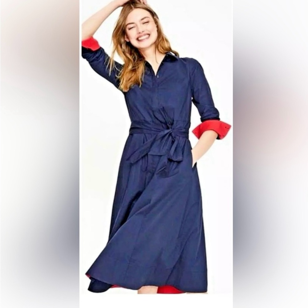 Boden Roseland Collared Button Down long sleeve Navy midi shirt dress size 6P